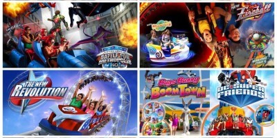 Collage showcasing vibrant amusement park excitement, featuring adrenaline-pumping new rides, iconic roller coasters like the Six Flags hybrid coaster, and favorite animated characters bringing the fun to life.