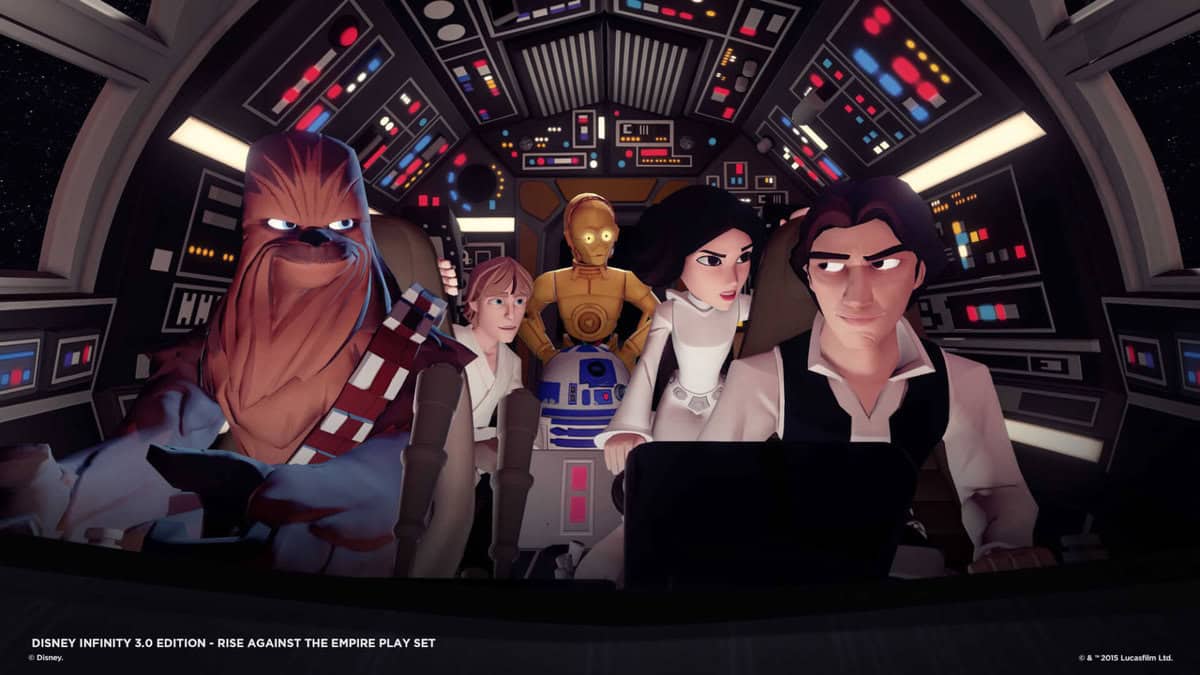 L to R: Chewie, Luke, C-3PO, R2D2, Leia, and Han Solo in the Millennium Falcon cockpit in "Disney Infinity"
