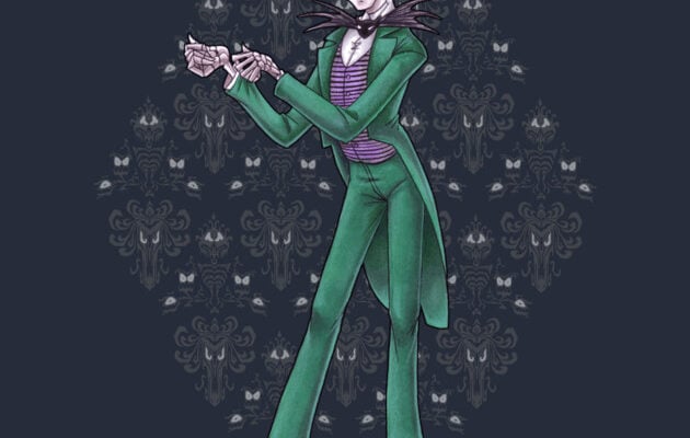 A dapper skeleton in a green suit and bat-shaped bow tie channels the iconic Haunted Mansion butler, set against the ride’s signature dark, ornate wallpaper—an on-trend tee for Disney Parks fans craving that spooky-cool flair.