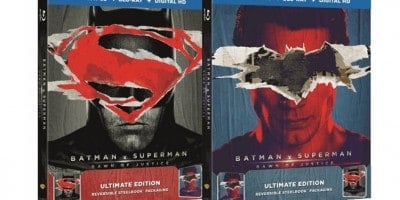 Batman v Superman: Dawn of Justice Ultimate Edition Blu-ray cases on display, each showcasing dynamic hero artwork that captures the cinematic excitement and blockbuster spirit you’d find at a major movie-themed attraction.