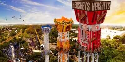 Get a sneak peek of Hershey Park’s Triple Drop Tower: three colorful towers themed after Hershey’s, Reese’s, and Kisses rising above roller coasters, trees, and buildings under a stunning blue and orange sky.