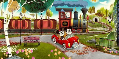 Mickey and Minnie in a car with a train in the backgroud