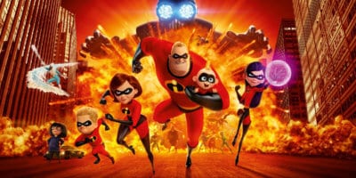 The Incredibles run away from a large villain.