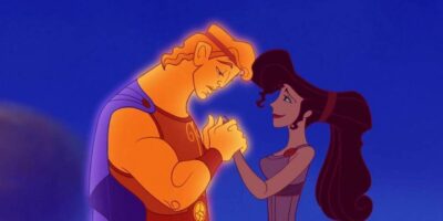 Glowing Hercules (L) and Meg (R) holding hands