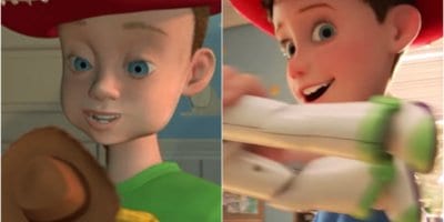 Andy playing with Woody and Andy playing with Buzz Lightyear