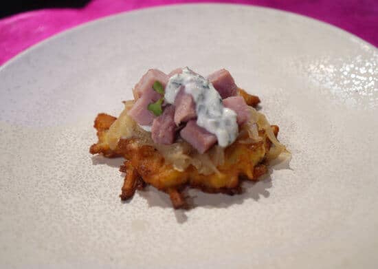Potato Pancake with Caramelized Ham, Onions and Herb Sour Cream