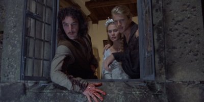 Princess Bride and two men looking out a window