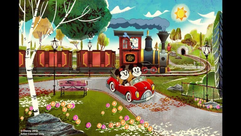 Mickey and Minnie Mouse riding a car in the park