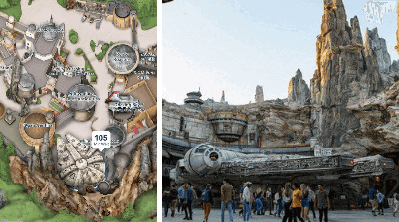 Millennium Falcon: Smugglers Run in My Disney Experince app and at Disney Hollywood Studios