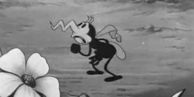 Black and white Disney cartoon image of an animated mosquito wearing boxing gloves, seemingly ready to spar, with a large flower shown in the foreground.