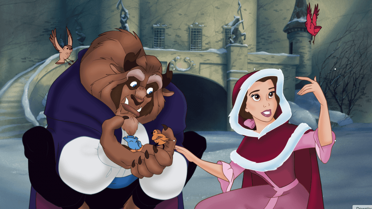 beast and belle in winter clothes with birds