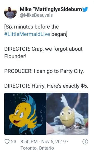 Tweet of Mike Beauvais showing meeme of Flounder