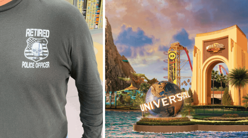 Man wearing retired Police Officer shirt and Universal Orlando entrance