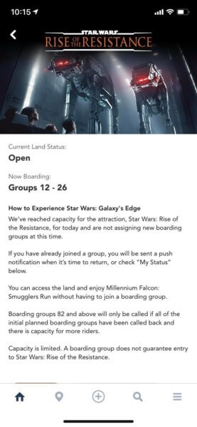 Star Wars Rise of the Resistance virtual queue at Disneyland app