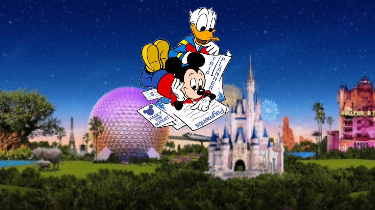 Mickey and Donald Looking at papers, Walt Disney Castle (Background)
