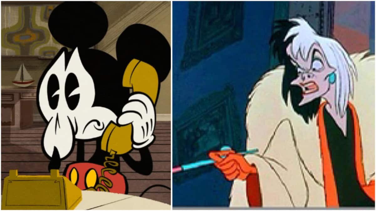 Sad Mickey on phone and cruella de vil