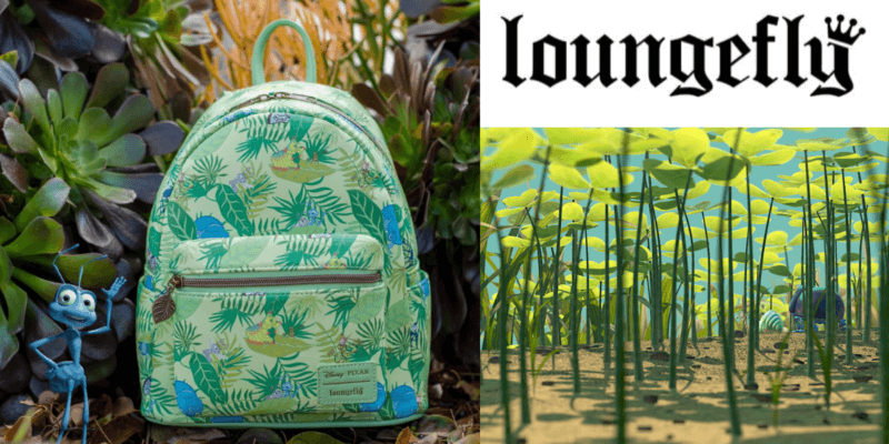 Mini backpack inspired by movie Antz, grass seen from below and Loungefly sign