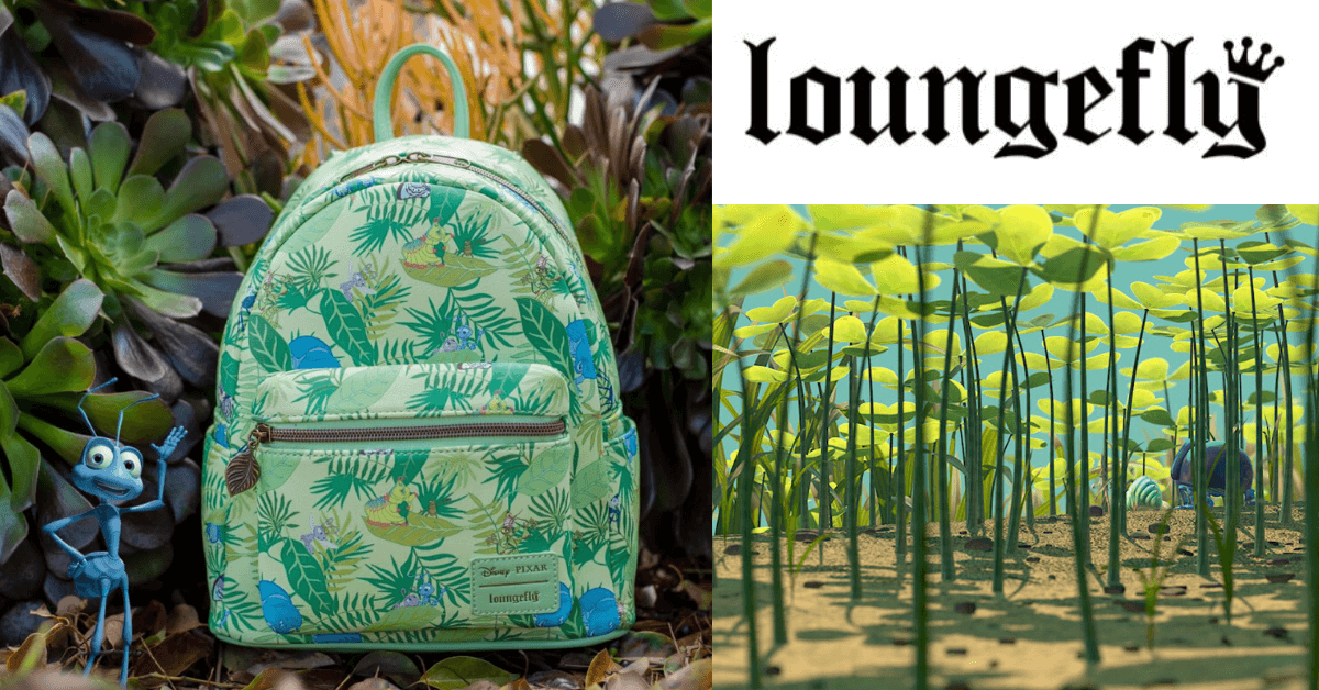 Mini backpack inspired by movie Antz, grass seen from below and Loungefly sign