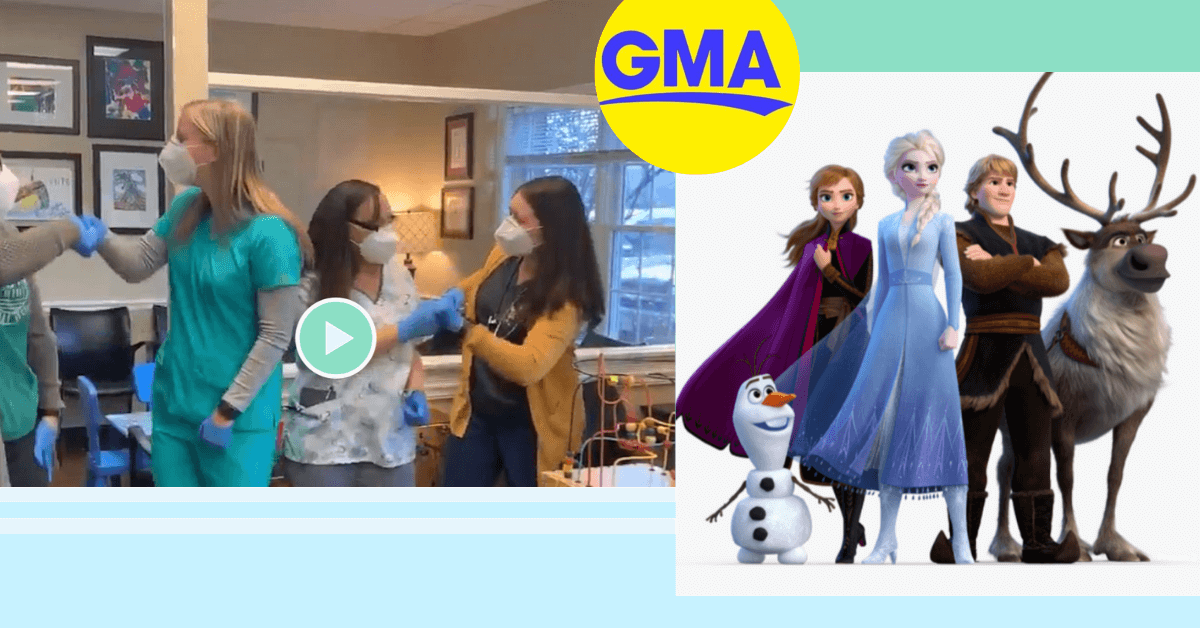 A picture of nurses on the left and the Frozen characters on the right.