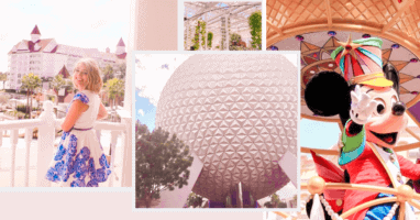 Girl smiling on a balcony, Spaceship Earth, Mickey Mouse weaving at Parade and rollercoaster