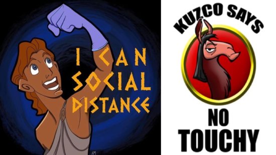 Hercules and Kuzco signs promoting social distancing and no touching