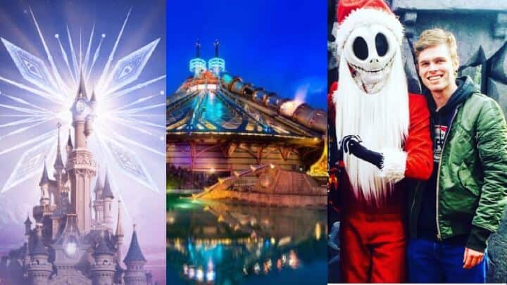 Cinderella´s castle, a Disney attraction in front of a lake, and a man dressed as Jack Skellington