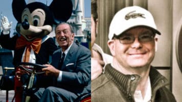 Walt Disney and Mickey Mouse in front of Cinderella´s castle and Walt Disney´s grandson