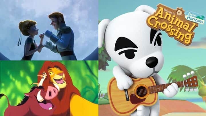Anna and Hans looking at each other(Upper Left), Pumba, Simba & Timon (Lower Left), K.K Slider (Right)