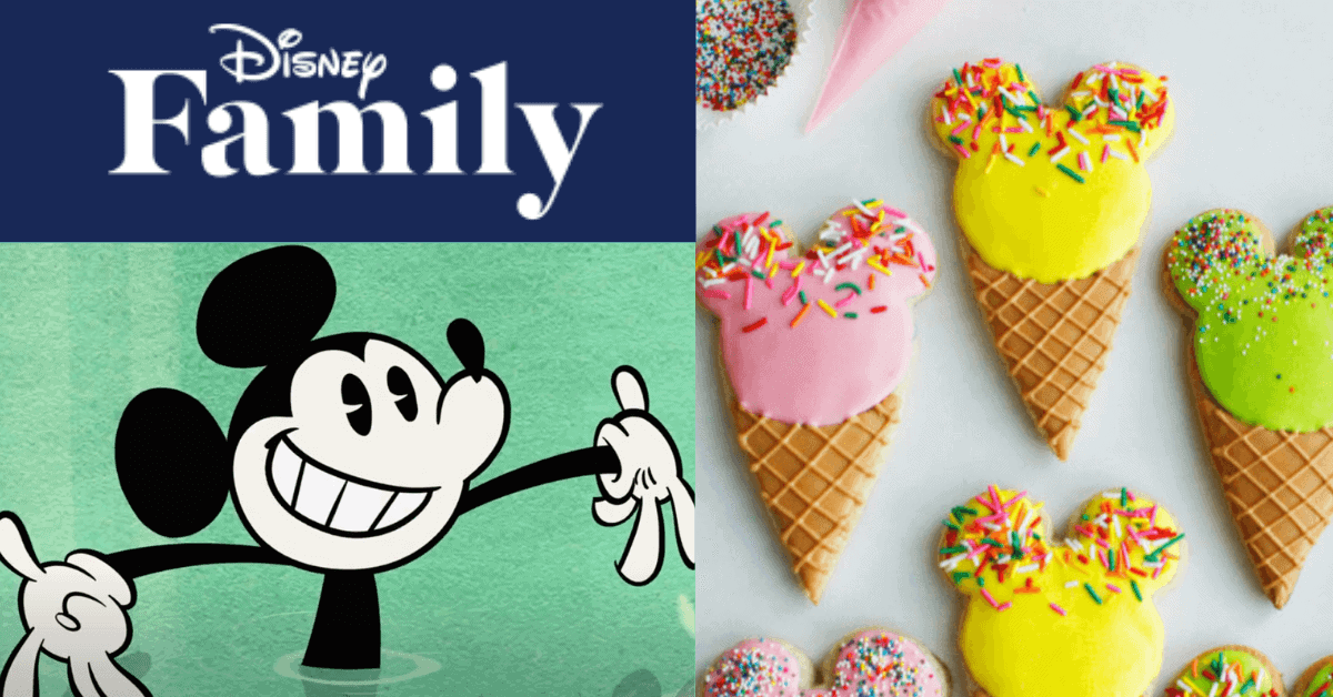 Disney Family word with Mickey's picture on the left and Mickey mouse-shaped ice cream on the right.