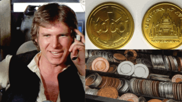 Harrison Ford in Star Wars (Left), 1000 Galactic credits coin (Upper Right), Coins (Lower Right)