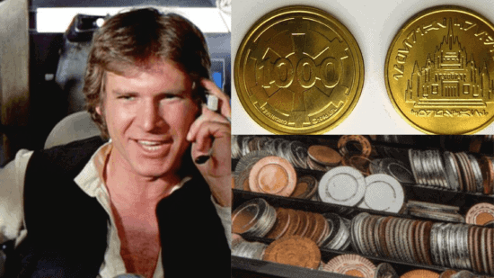 Harrison Ford in Star Wars (Left), 1000 Galactic credits coin (Upper Right), Coins (Lower Right)