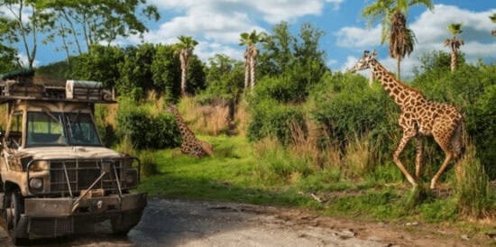 Kilimanjaro Safari with a jeep with a giraffe nearby