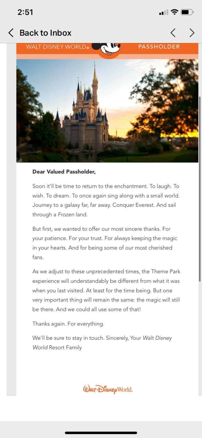 Disney World Emails Annual Passholders Reassuring Message