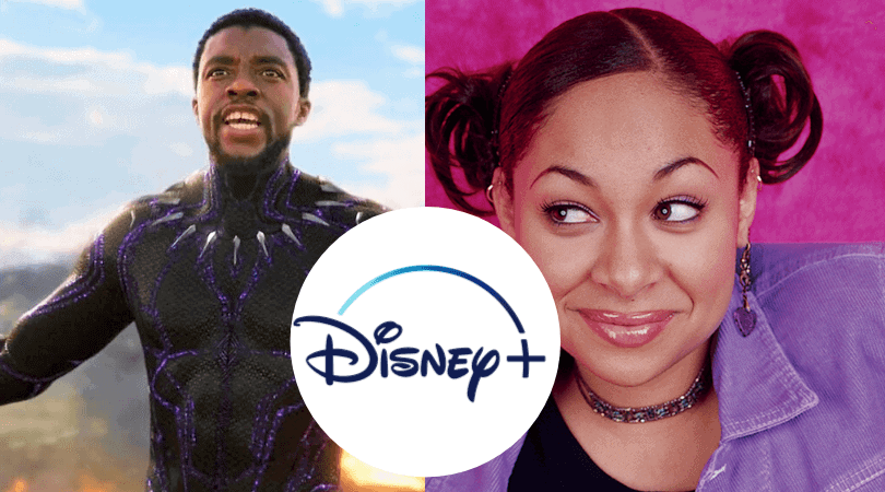 Chadwick Boseman, Raven posing for the camera and Disney Plus logo