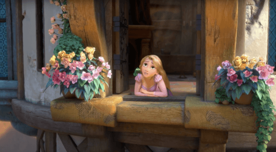 rapunzel leaning on tower window