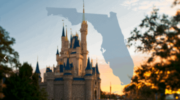 The image features Cinderella's Castle at Walt Disney World with a backdrop of a sunset sky. Superimposed over the castle is a silhouette of the state of Florida, emphasizing the theme park's location within the state. Trees frame the scene on either side, highlighting a Tri-State Travel Advisory From Florida.