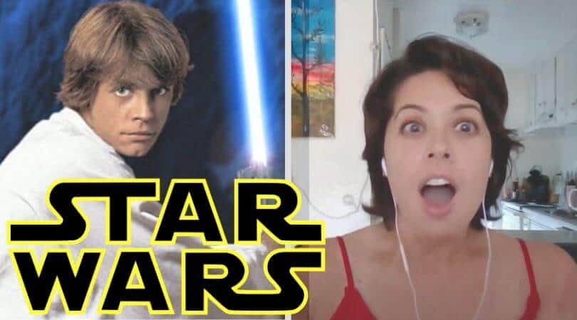 Mark Hamill holding a Lightsaber (Left) A Shocked Girl (Right)