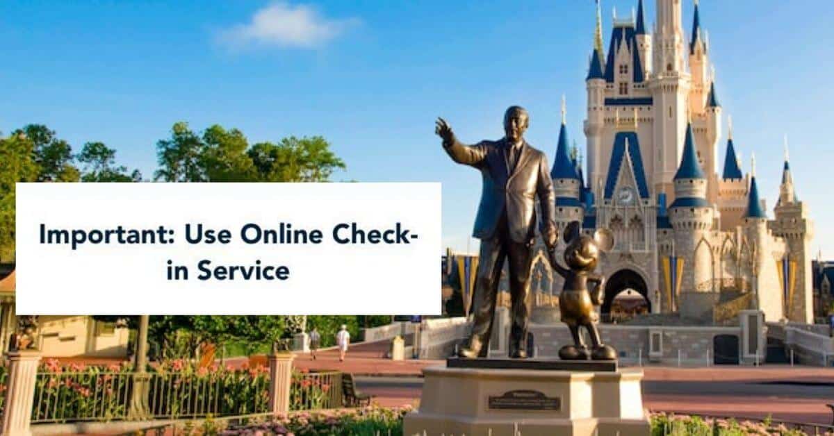 Use Online Check-in Service, With Background of Walt Disney and Mickey Mouse Holding Hands