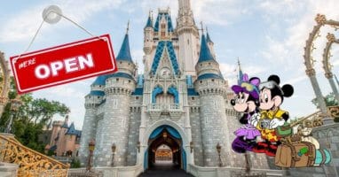 Disney castle, Mickey and Minnie and a we're open sign