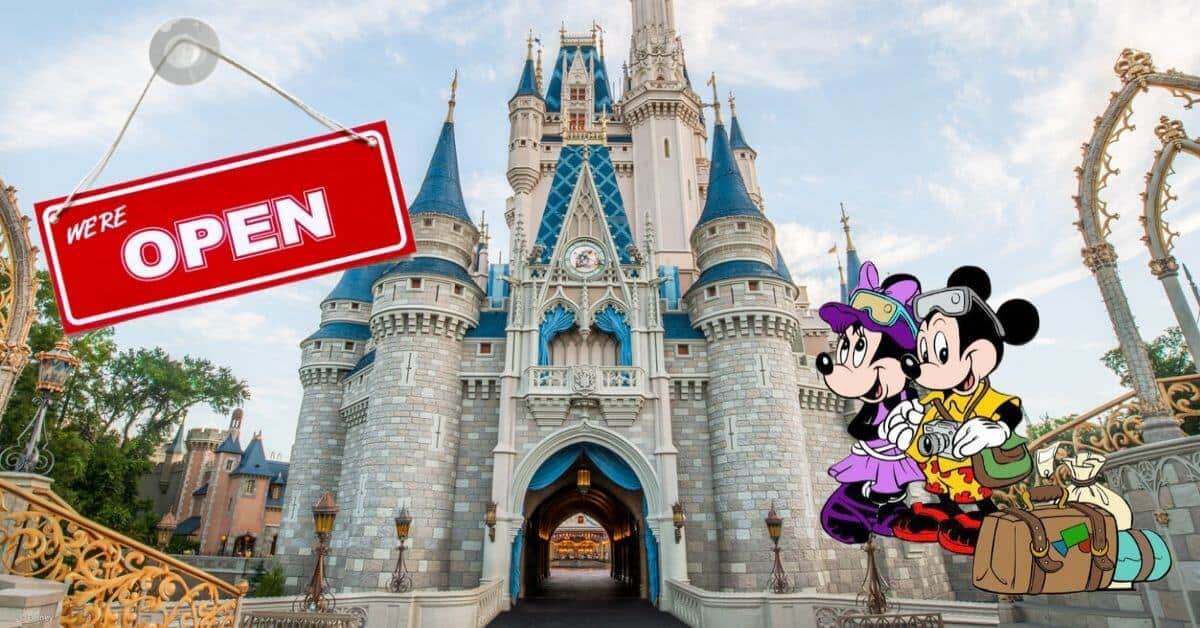 Disney castle, Mickey and Minnie and a we're open sign