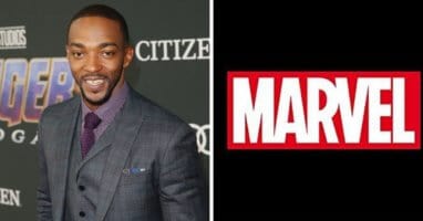Anthony Mackie wearing a suit and tie and text