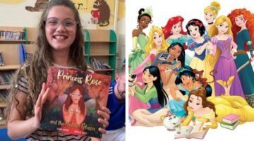 A girl with a book and a picture of Disney princesses