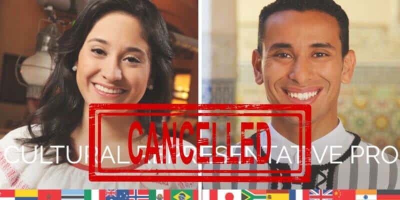 A Photos of A Smiling Man & Woman with a Cancelled Text and Showing Different Flags