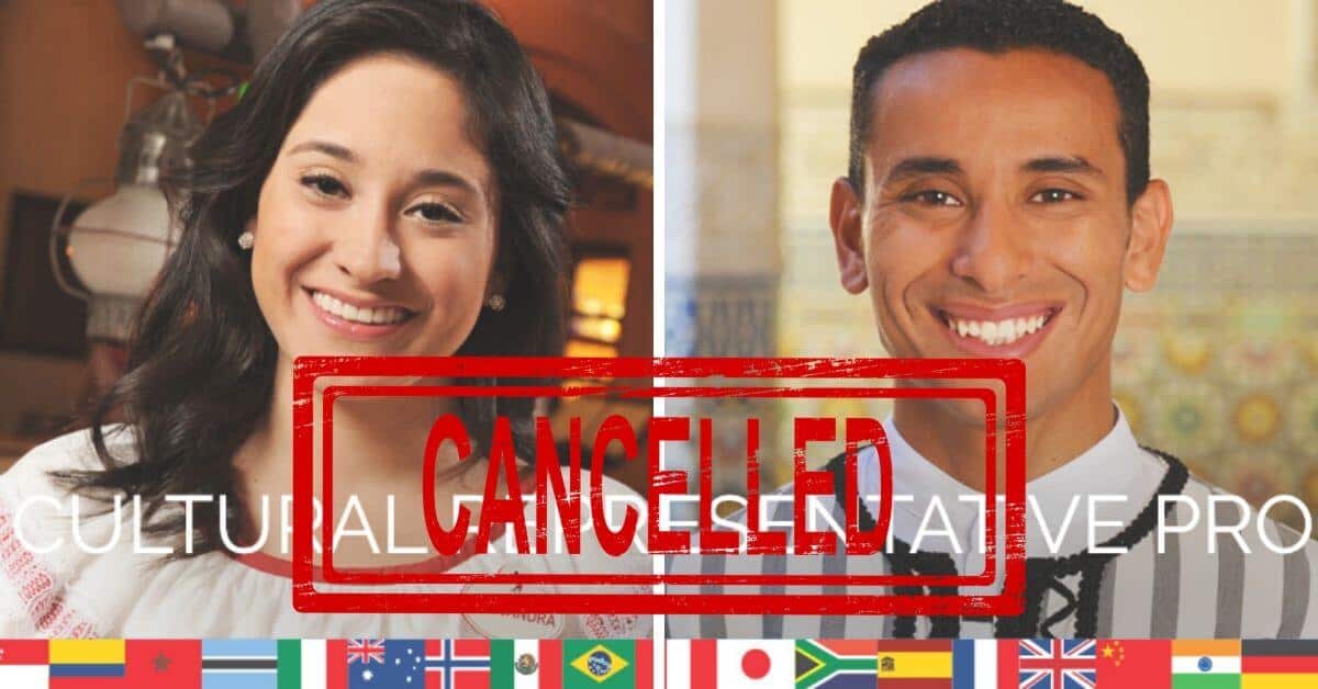 A Photos of A Smiling Man & Woman with a Cancelled Text and Showing Different Flags