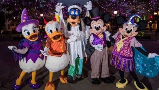 Mickey, Minnie, Donald, Daisy, and Goofy dressed for Halloween