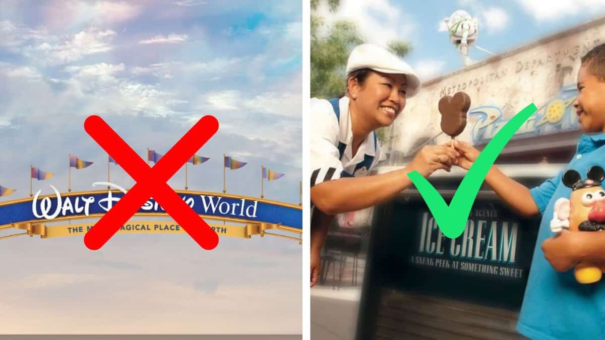 (Left) Walt Disney World Entrance with X Mark & (Right) A Cast Member giving an Ice Cream to a Kid with Check Mark 