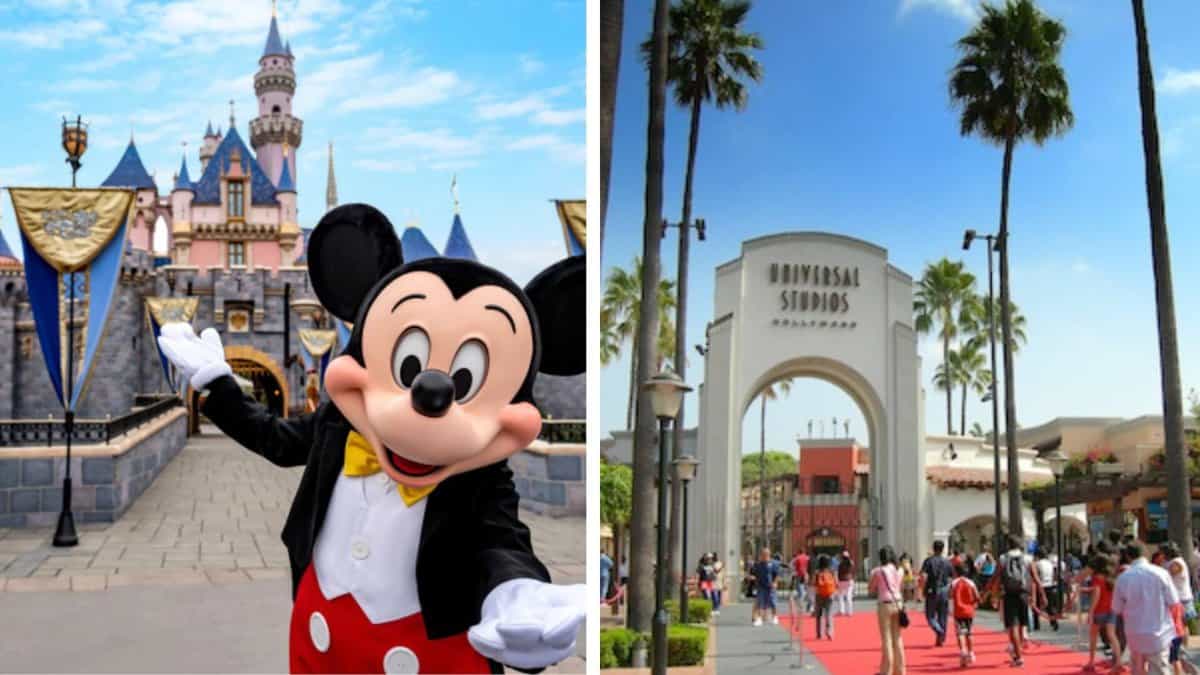 Mickey Mouse with Disneyland background (Left) Universal Studios Entrance (Right)