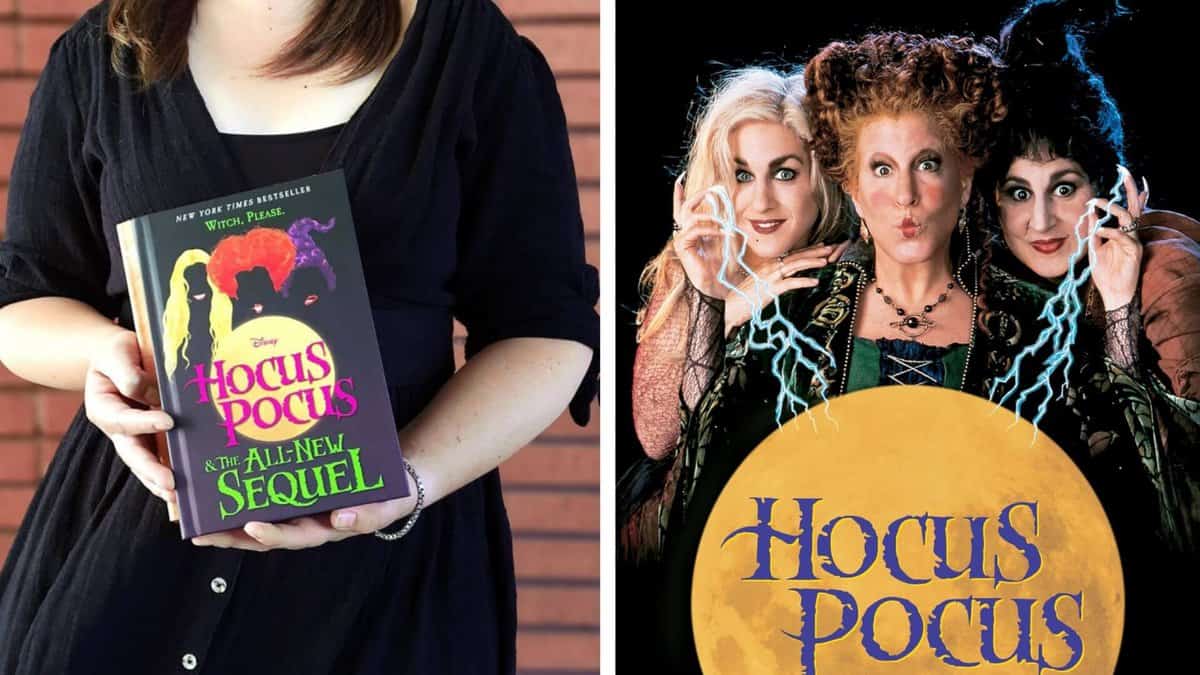 A Lady Holding Hocus Pocus Book (Left) Hocus Pocus Characters (Right)