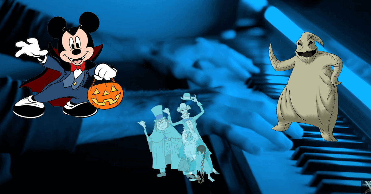 Hands playing piano with Mickey Mouse, Oggie Boggie and Haunted Mansion ghosts