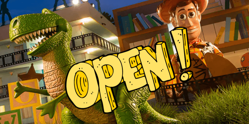 A Text saying Open! with a Dinosaur and a Cowboy in the Background